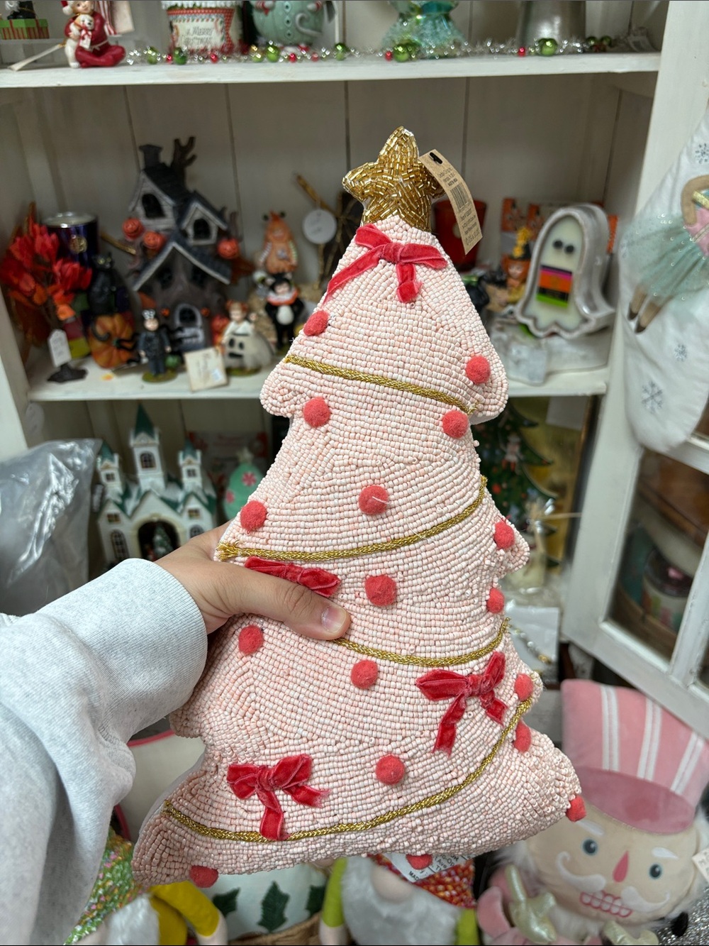 Creative Co-Op Pink Beaded Christmas Tree Pillow with Red Accents